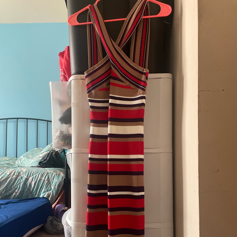 Karen Millen Stripe Cross Front Sleeveless Rib Knit Dress